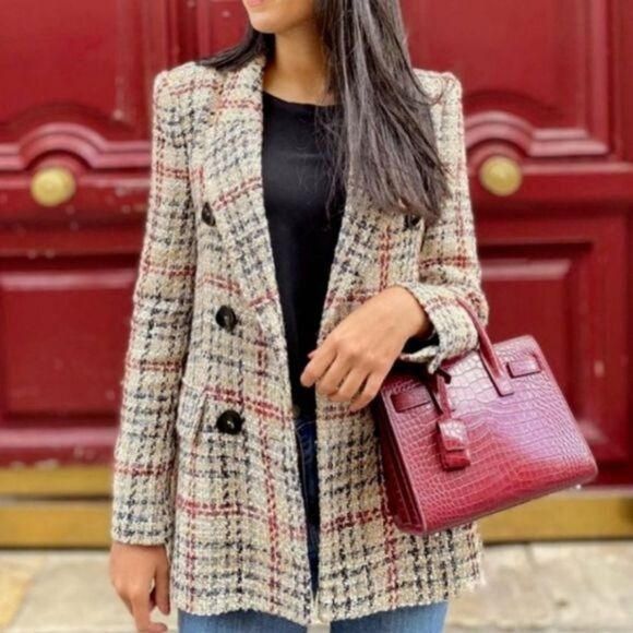 Zara Long Sleeve Double Breasted Woven Lined Blazer Front Flap Pockets Medium - Picture 4 of 16